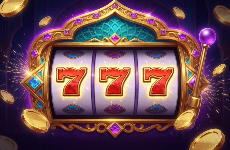 Goldener Spielautomat mit drei Siebenen unter orientalischem Bogen im Alawin Online Casino