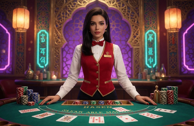 Live-Dealerin am Blackjack-Tisch in orientalischem Studio im Alawin Live Casino