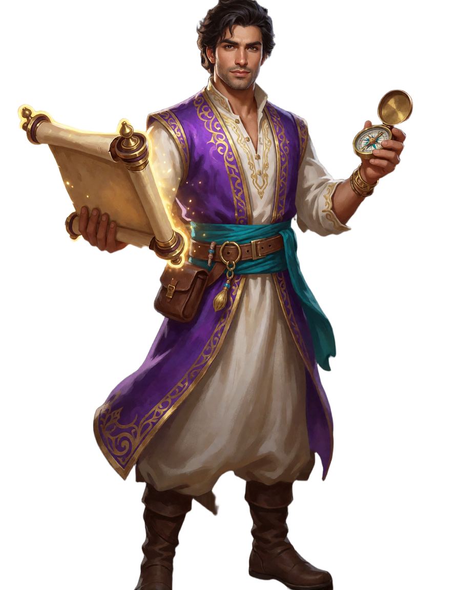 Spiele-Entdecker im orientalischen Abenteurer-Outfit mit Katalog und Kompass umkreist von Slot-Symbolen bei Alawin Casino