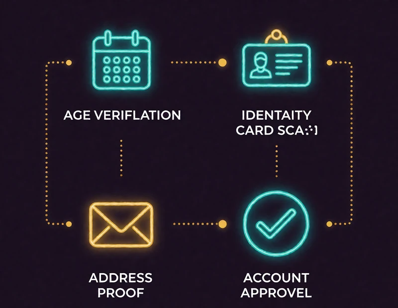 Vierstufiger KYC-Ablauf mit Alterspr&uuml;fung, Identit&auml;tsnachweis, Adresspr&uuml;fung und Kontofreigabe im Alawin Casino