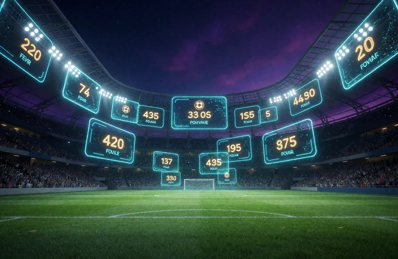 N&auml;chtliches Fu&szlig;ballstadion mit Neon-Anzeigetafeln f&uuml;r Sportwetten bei Alawin Casino