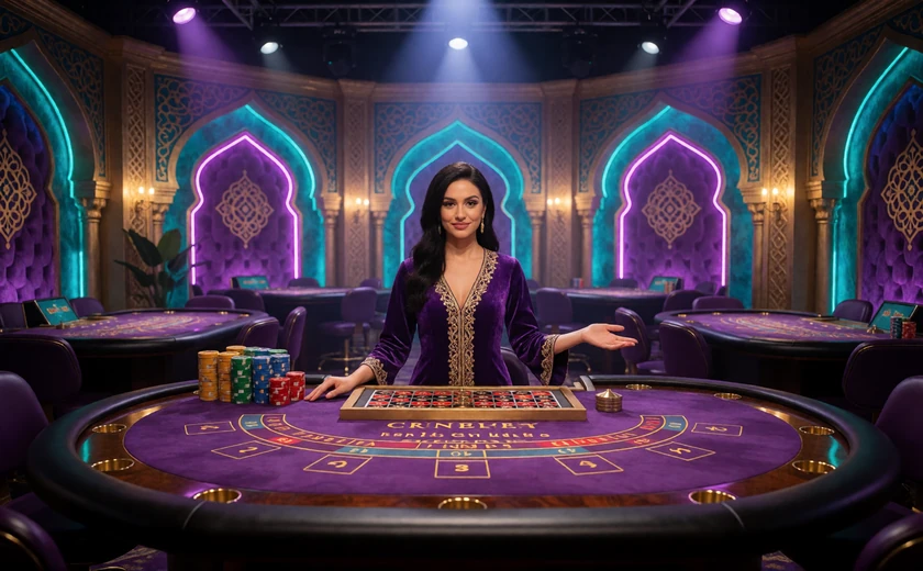 Orientalisches Live-Casino-Studio mit Roulette- und Blackjack-Tischen im Alawin Live Casino