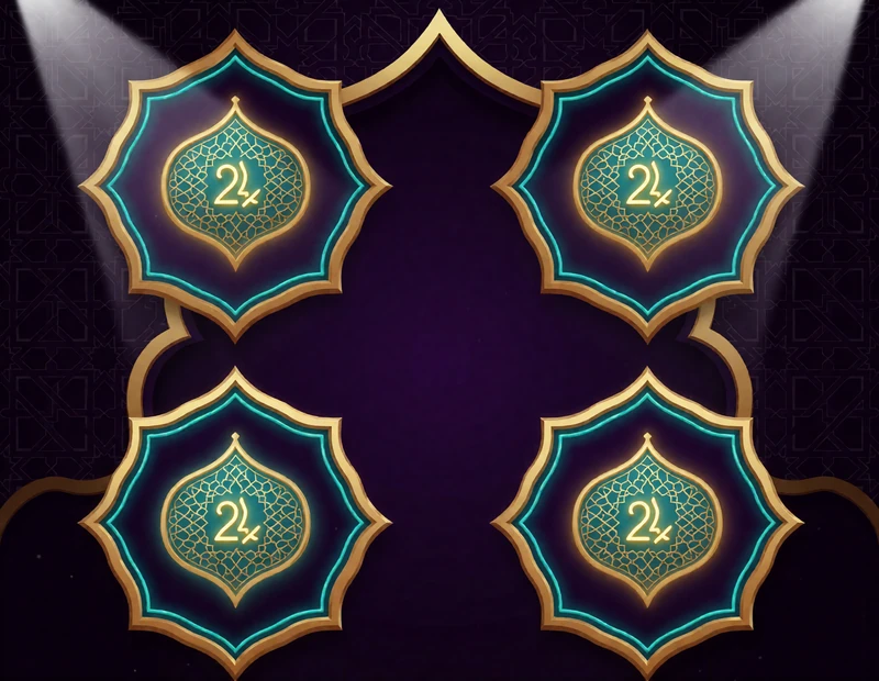 Vier Anbieter-Emblem-Plaketten von Pragmatic Play, Hacksaw, Novomatic und Evolution im orientalischen Rahmen bei Alawin