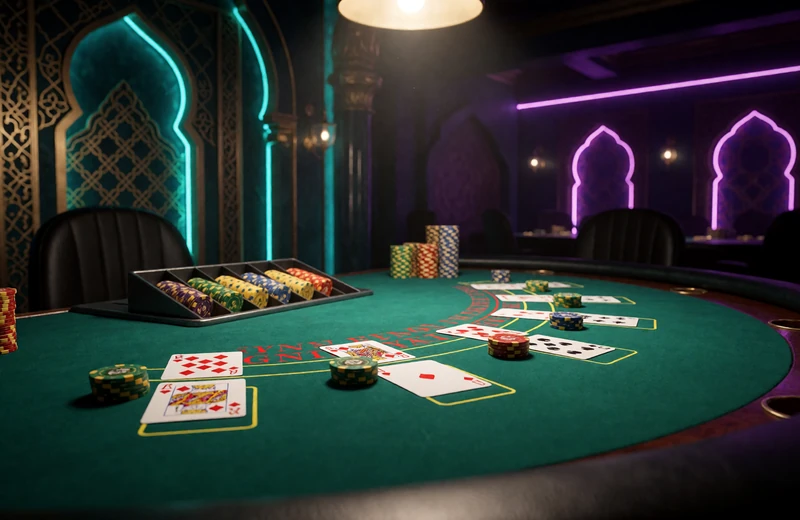 Blackjack-Tisch mit Karten und Chips im orientalischen Alawin Live Casino