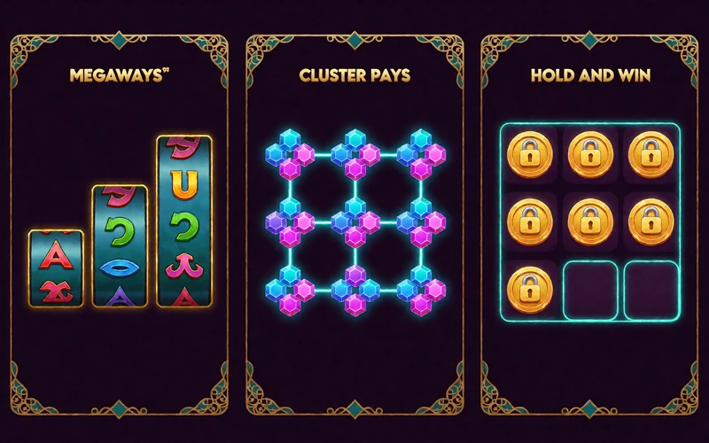 Drei Ablaufdiagramme f&uuml;r Megaways, Cluster Pays und Hold-and-Win-Mechaniken bei Alawin Casino Slots