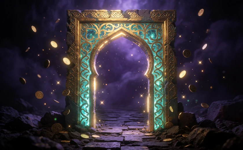 Leuchtendes goldenes Portal als Zugang zum Alawin Casino Bonusbereich