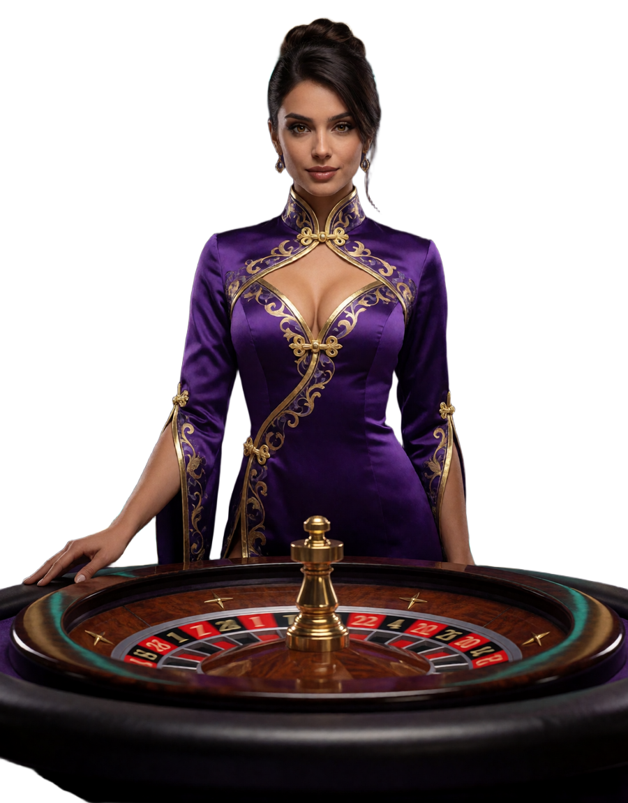 Live-Dealerin im orientalischen Gewand hinter Roulette-Tisch im Alawin Live Casino