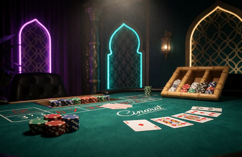 Baccarat-Tisch mit Karten und Chips im Alawin Live Casino