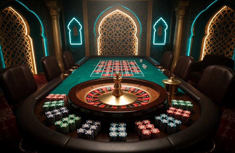 Roulette-Tisch mit rotierenden Rad im orientalischen Studio des Alawin Live Casino